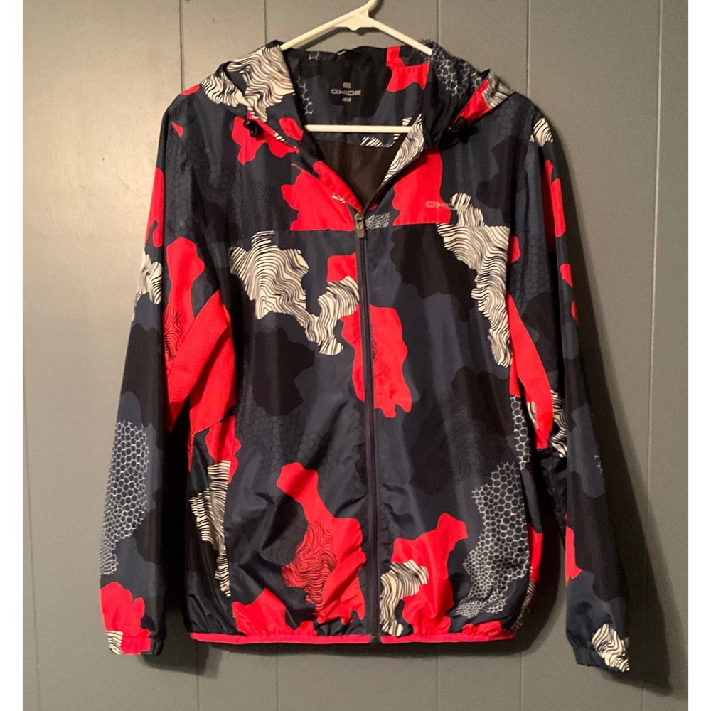 OXIDE Men's M/38  Hooded Windbreaker Jacket Blue Red Camo Print Lightweight Zip